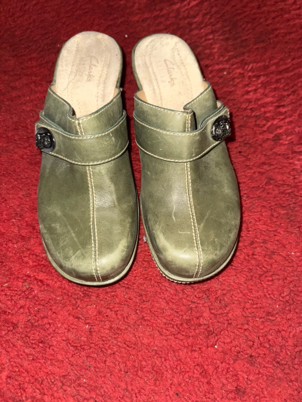 Clarks Olive Green Leather Clog Mules with Buckle Accent